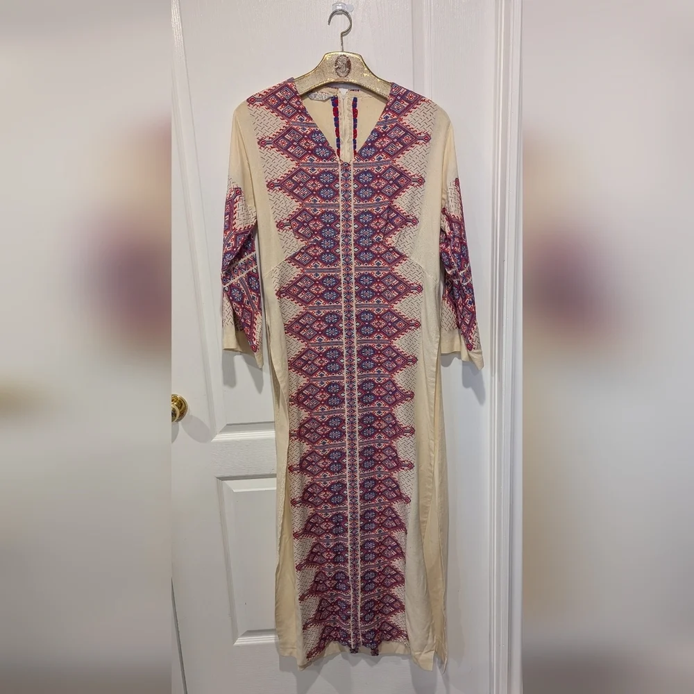 Greek Handmade Patterned Dress with Red and Blue Accents - Picture 2 of 13